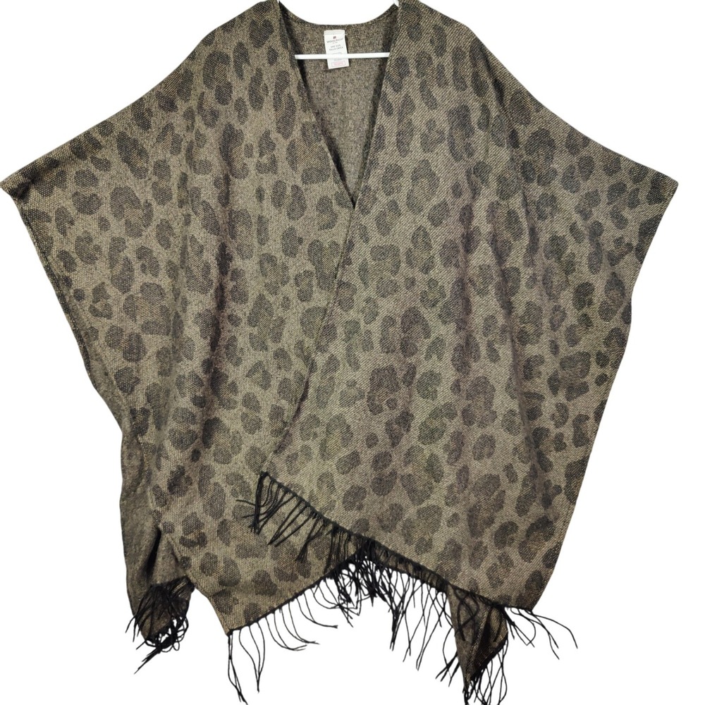 Woolrich Womens Earthy Mob Wife Leopard Print Fringed Poncho Cape OS Brown Black